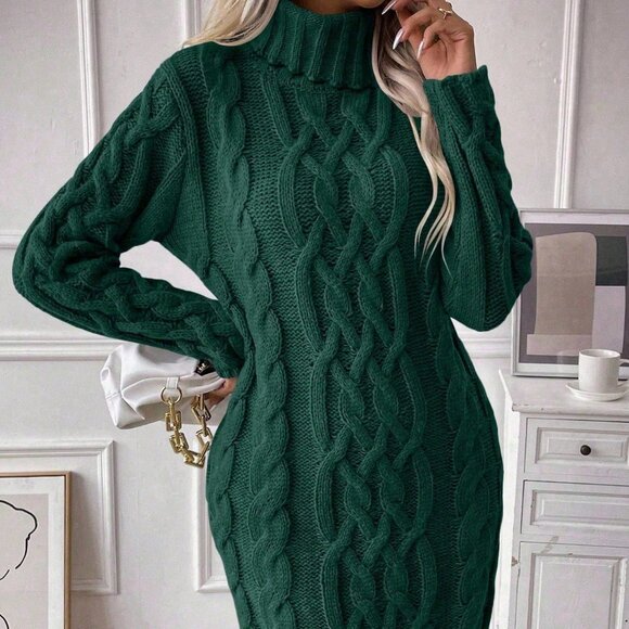 Dark Green Casual Women's Christmas Turtleneck Knit Dress - Picture 4 of 7